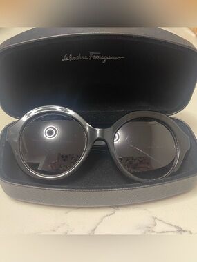 Salvatore Ferragamo Black Round Sunglasses with Silver Trim